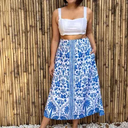 Label Tanvee Women Floral Printed Cotton Linen Midi Skirt with Pockets-image-56