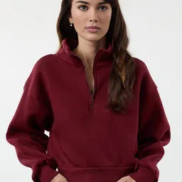 Trendyol Women Solid Mock Collar Half Zipper Oversized Crop Sweatshirt-picture-40