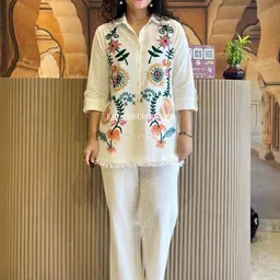 Ramyka Embroidered Pure Cotton Shirt Collar Shirt With Trousers Co-Ords-picture-22