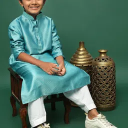 Sangria Boys Sea Green Silk Blend Chikankari & Sequin Kurta Set image 3