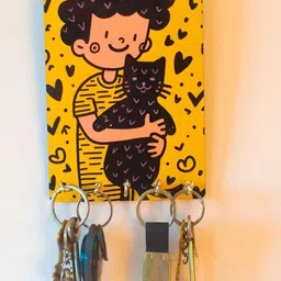 Katha Plates Yellow & Black 5 Pieces Printed Wooden Hooks Key Holders-image-1