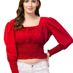 fanery sue Women Square Neck Smocked Puff Sleeve Blouson Crop Top-picture-37