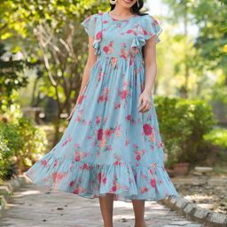 Janasya Floral Print Flutter Sleeve Georgette Fit & Flare Midi Dress-picture-16