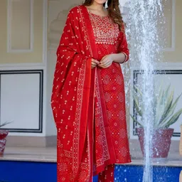 KALINI Women Ethnic Motifs Printed Regular Sequinned Pure Cotton Kurta with Trousers & With Dupatta image 2