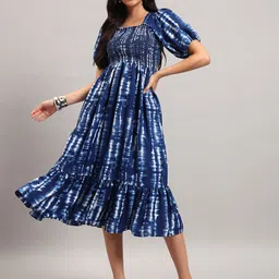 Raiyani Fashion Abstract Printed Puff Sleeves Tiered Fit & Flare Midi Dress-picture-10