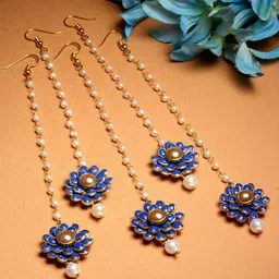 ZENEME Set of 5 Gold-Plated Stones Studded and Beaded Floral Maang Tikkas-picture-10