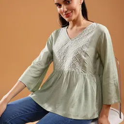 LIMEROAD Embroidered V-Neck Pure Cotton Empire Kurti-picture-15
