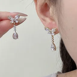 DIVASTRI Gold Plated American Diamond Studded Quirky Korean Drop Earrings image 3