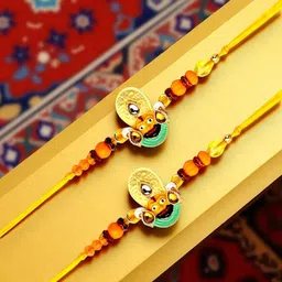 ADIVA Set Of 2 Stones Studded & Beaded Khatu Shyam Thread Rakhis With Roli Chawal & Card-picture-54