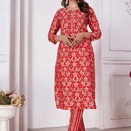 Rujave Women Floral Regular Chanderi Silk Kurta with Trousers-picture-23