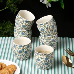 Myntra Elegant Homes Green & Blue Handcrafted Printed Ceramic Matte Kulladhs Set of Cups and Mugs-picture-24