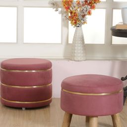 Shadowkart Maroon 2 Pieces Wooden Round Mudda Pouffe Ottoman-picture-25
