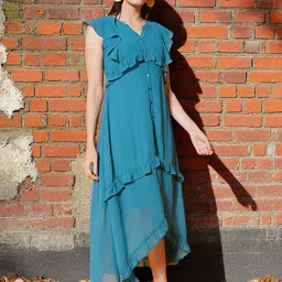 KATLINE Women Flutter Sleeve Ruffled Georgette A-Line Midi Dress image 5