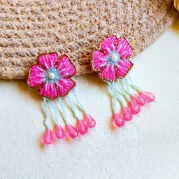 Sangria Pink Gold-Plated Artificial Beaded Floral Boho Bridal Tasseled Jewellery Set image 5