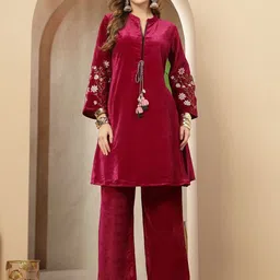 Stylum Embroidered Mandarin Collar Velvet Top With Trousers-image-14
