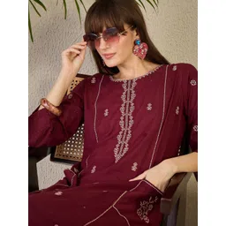 Indo Era Embroidered Round Neck A-Line Pure Cotton Kurta With Pants-image-0
