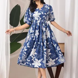 GRIOPY Floral Printed Gathered Puff Sleeve Fit & Flare Midi Dress-picture-39