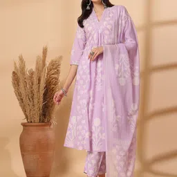 Shangri LA MS Designs Women Floral Embroidered Regular Mirror Work Pure Cotton Kurta with Trousers & With-picture-35