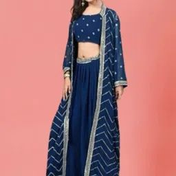 PARROT CREATION Geometric Embroidered Georgette Crop Top With Skirt & Shrug-picture-39