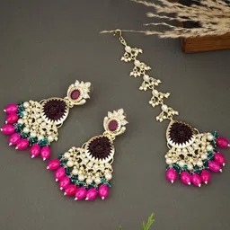 Anouk Gold- plated & Multicoloured kundan stone studded -beaded earrrings with mangtikka-picture-22