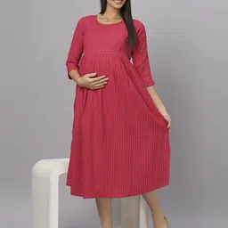 Mammas Maternity Women Striped Cotton Fit and Flare Midi Dress-picture-39