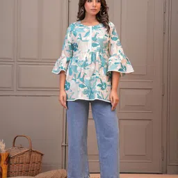 ANEKYA Floral Print Flared Sleeve Cotton Top image 5