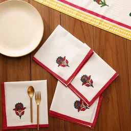 JAYPORE Set Of 4 White & Red Printed Cotton Table Napkins-picture-20