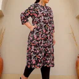 FLAVIA CREATION Plus Size Floral Printed Mandarin Collar A-Line Cotton Kurta image 4