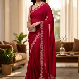 D tales Embellished Beads and Stones Poly Chiffon Heavy Work Saree image 5