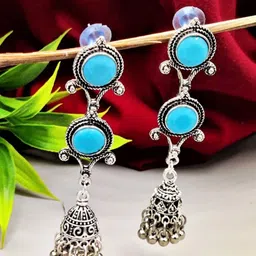Yash Jewels Emporiums Silver-Plated Artificial Stones Studded Oxidised Dome Shaped Jhumkas-picture-30