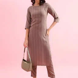 KALINI Women Striped Regular Sequinned Kurta with Trousers image 5
