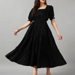 Raiyani Enterprise Puff Sleeve Square Neck Tiered Fit & Flare Midi Dress-image-2