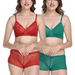 samvar Women Red,Green Net Bra Panty Set for Lingerie Set Undergarments Pack of 2-picture-11