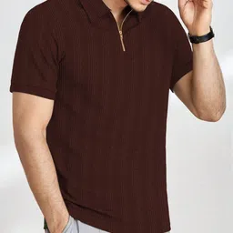 kajaru Men Striped Zip Neck Polyester Brown T-Shirt image 4