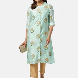 RANGMANCH BY PANTALOONS Floral Printed Keyhole Neck Gotta Patti Chanderi Silk Kurta image 2