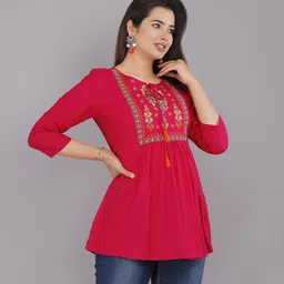 style ganga Casual Regular Sleeves Embroidered Women Pink Top-picture-17