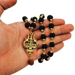 rudra gems jewellery Most Demanded Shiv Symbol Dotted Locket Pendant With 5 Mukhi Rudraksha Mala Gold-plated Beads Brass, Wood Locket-picture-12