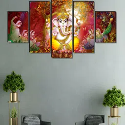 Livin'luxe Maroon & Yellow 5 Piece Lord Ganesh Religious Wood Wall Paintings-picture-16