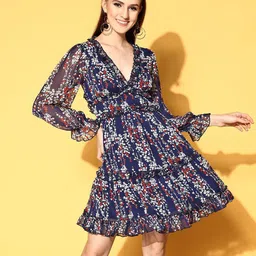 Berrylush Floral Print Bishop Sleeve Layered Chiffon A-Line Mini Dress-image-6