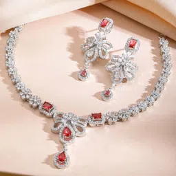 Rubans Rhodium-Plated Ruby Red AD Stone & Cubic Zirconia Floral Designer Necklace Set-picture-15