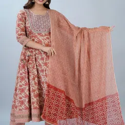 Set to Shine Shop Floral Embroidered Pleated Pure Cotton Kurta & Palazzos with Dupatta-picture-12