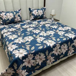 Pure Decor Blue & Off White Floral Polycotton 4 Piece Double King Superfine Bedding Set-image-84