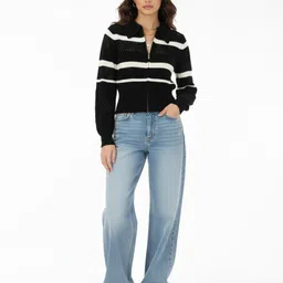 glitchez Open Knit Striped Zip Closure Cardigan image 4