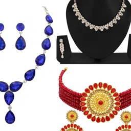 Women Click Set Of 3 Stone-Studded & Beaded Jewellery Set image 1