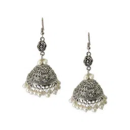 HOPMEE Silver-Plated Pearls Beaded Dome Shaped Oxidised Jhumkas image 2