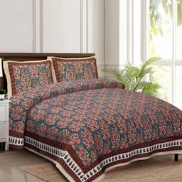 Rudra Bazaar Grey & Orange Ethnic Motifs 210 TC Cotton King Bedsheet Set 2.75 m x 2.30 m-picture-14
