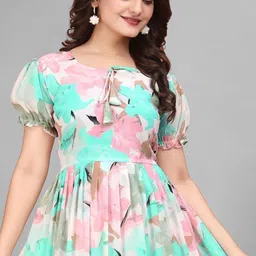 GROMint Women Floral Printed Gathered Puff Sleeve Georgette Fit & Flare Midi Dress image 2