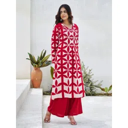 AUTUMN LANE Women Red Printed Regular Pure Cotton Kurta with Palazzos image 3
