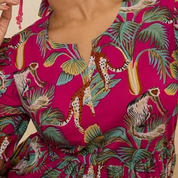 WineRed Printed Puff Sleeve Fit & Flare Midi Dress image 4