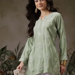 ADA Women Ethnic Motifs Embroidered Chikankari Chanderi Silk Chikankari Kurti-picture-47